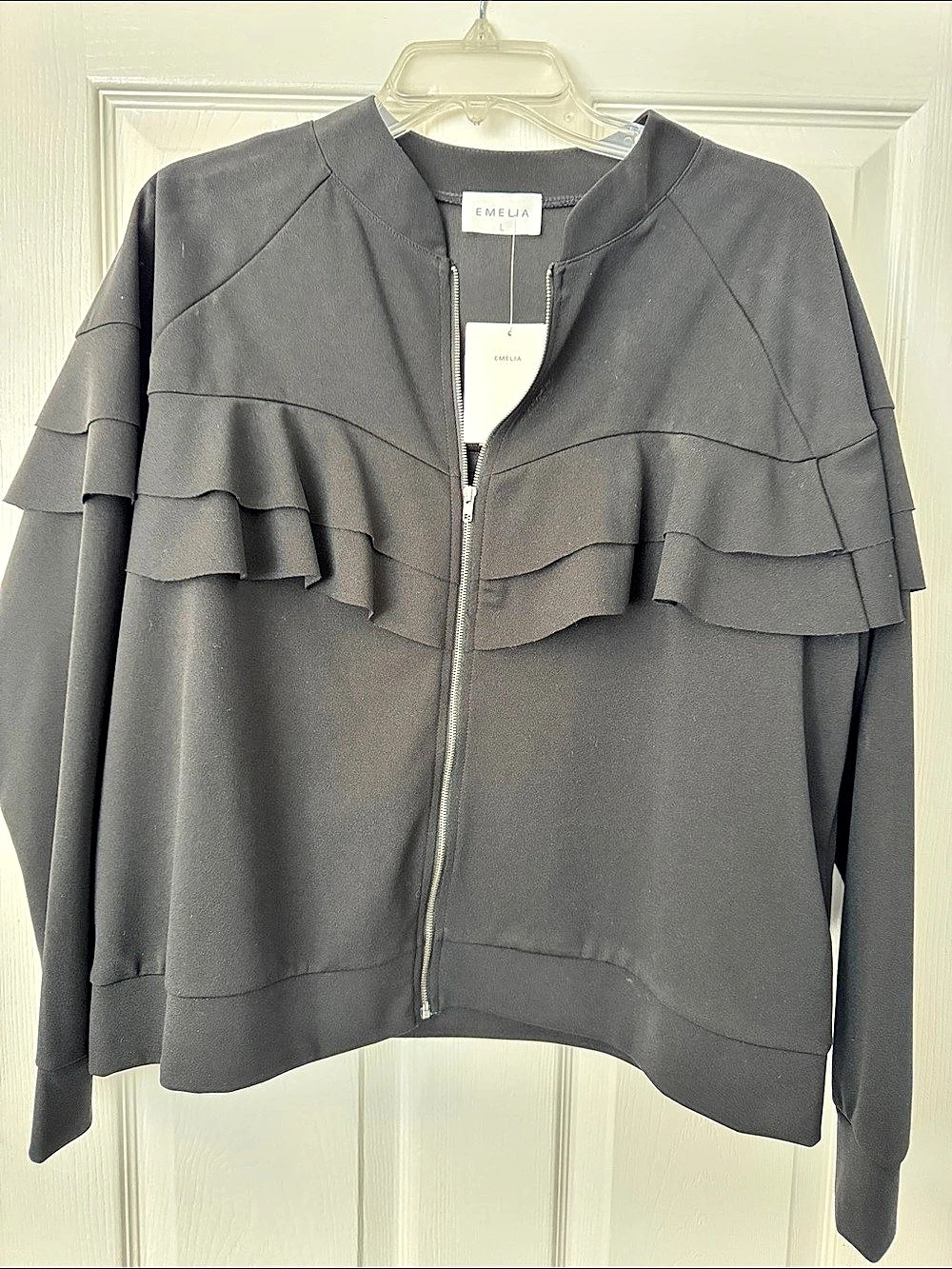 Emelia Black Ruffle Front Jacket Size Large NWT